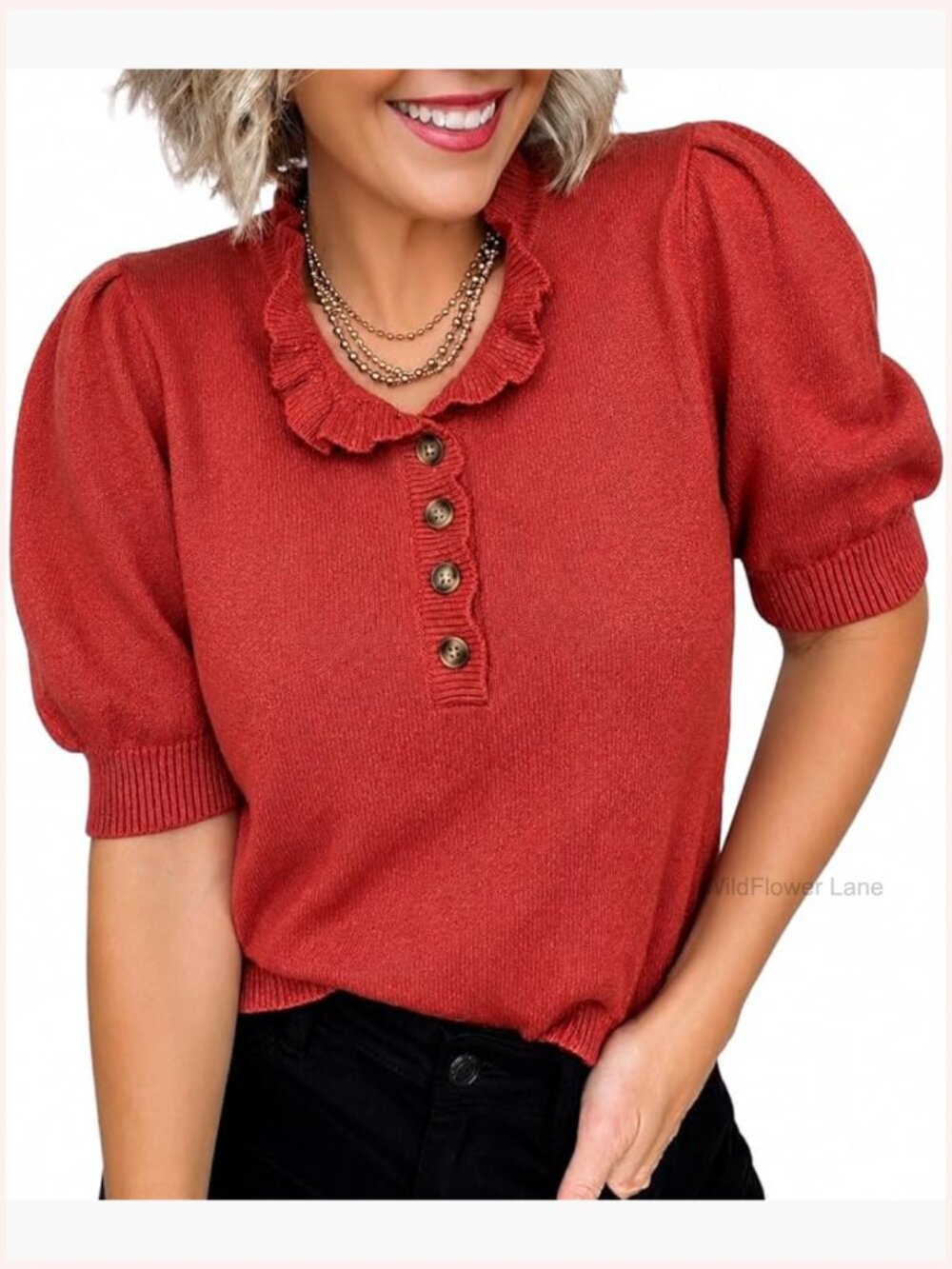 Short Sleeve Sweater Ruffle Crewneck Puff Sleeve Pullover Knit Top Lightweight